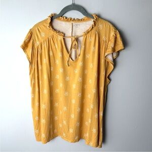 Loft Blouse Size XL Top Short Sleeves Tie Neck Butterflies Gold Yellow White